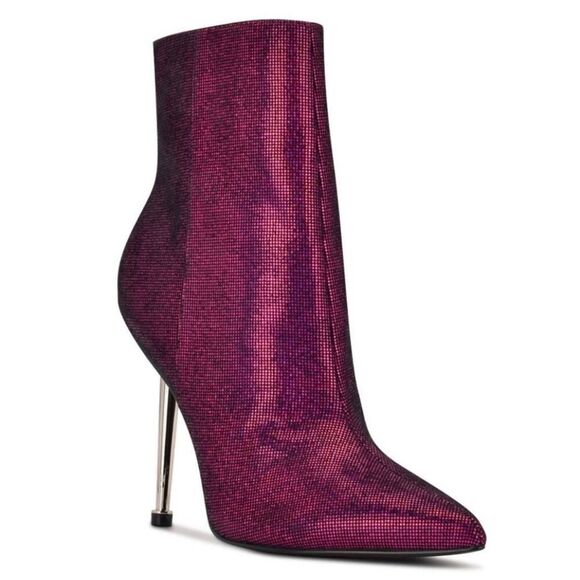 🔥NWT Nine West Iridescent Fuchsia "Tryin" Silver Stiletto Booties Size 7 - Picture 2 of 16